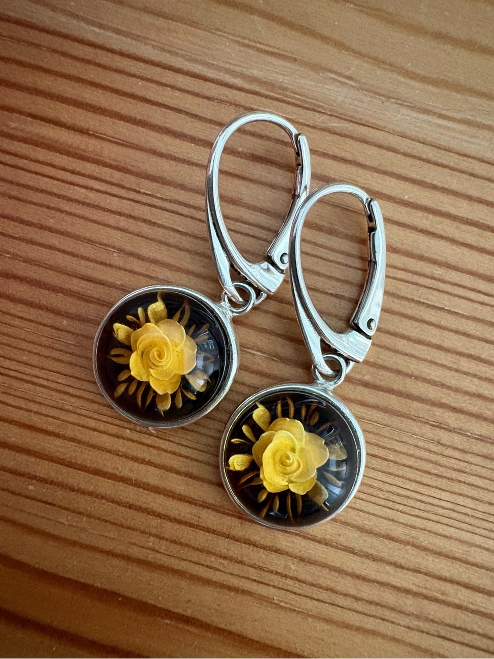 Sterling Silver Carved Amber Rose Earrings